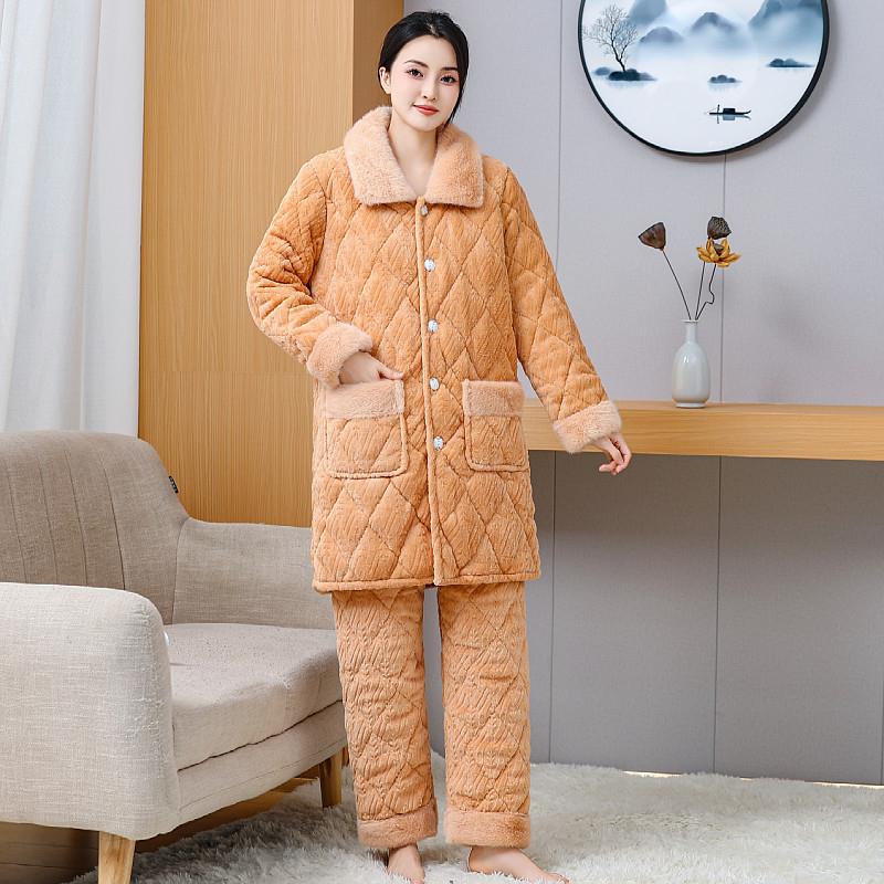 冬女士中长款睡衣三层夹棉加厚加绒保暖内衣长袍珊瑚绒家居服套装