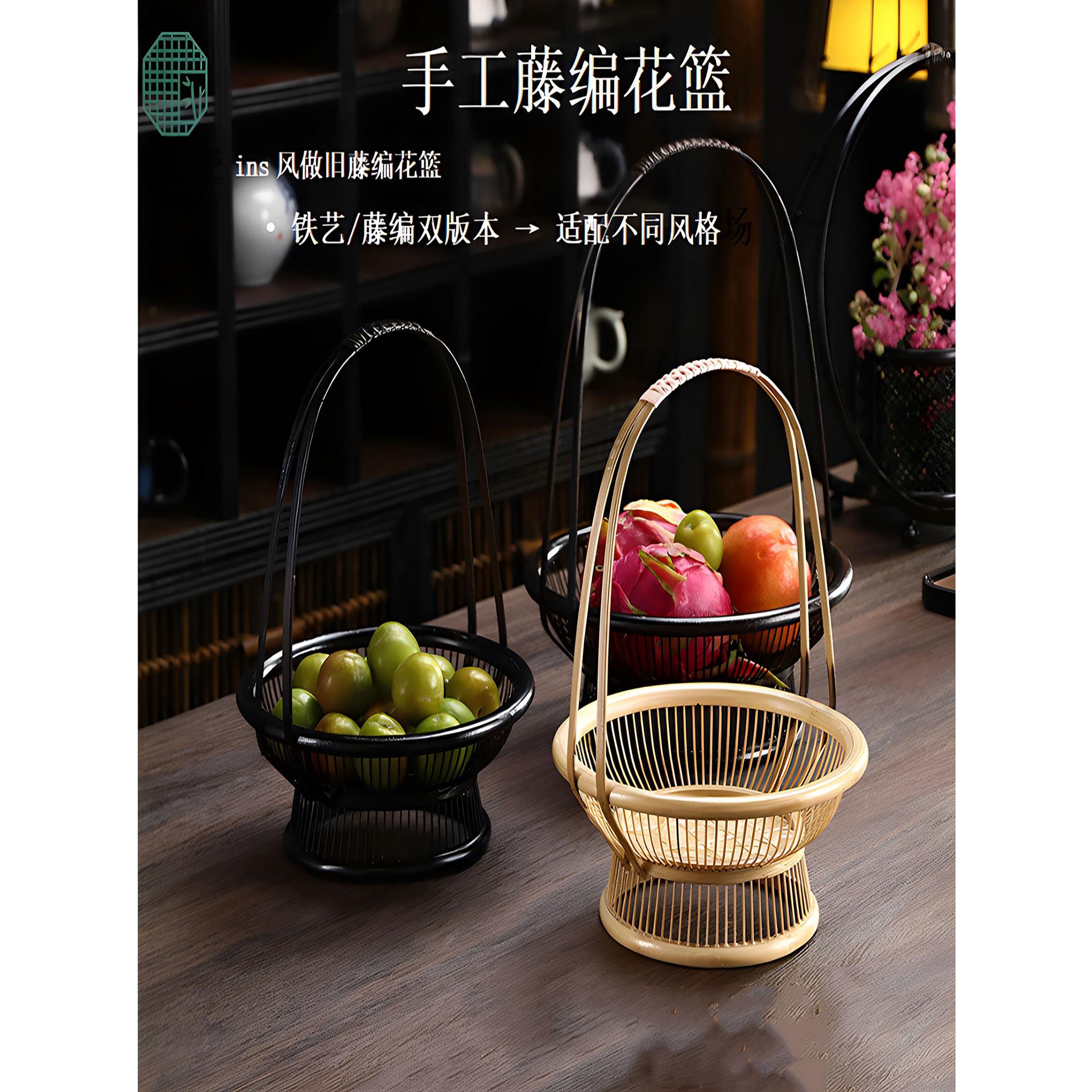 竹制覆古手持花篮竹制插花大漆器果篮收纳箱手工编织小花架圆形