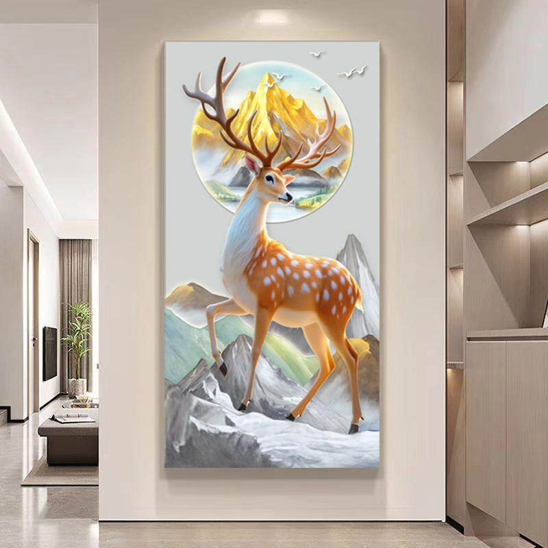 3D立体浮雕灯光画现代简约福禄献瑞新款砂岩画客厅入户玄关装饰画