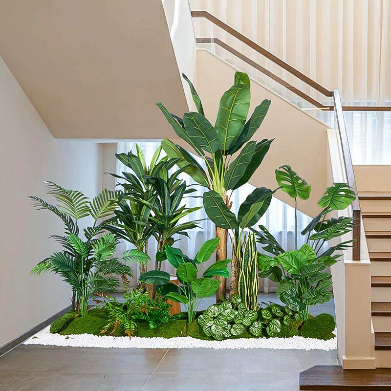 彷真绿色植物大型室内造景组合楼梯下热带假植物景观假树盆栽装饰