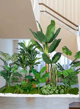 彷真绿色植物大型室内造景组合楼梯下热带假植物景观假树盆栽装饰
