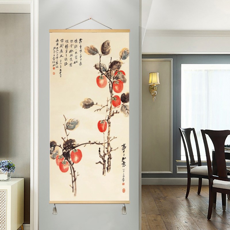 张大千入户事事如意卧室客厅玄关装饰画布艺挂画免打孔墙壁遮挡