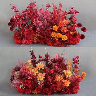 新款婚庆红色路引花地排花婚礼酒店装饰花艺仿真花长挂花布置道具