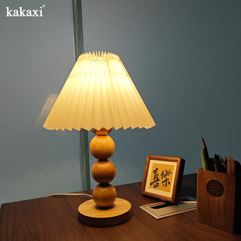 民宿木质护眼台灯百褶卧室床头夜灯创意串珠书桌学习实木阅读灯