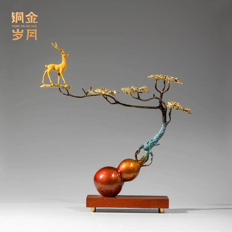 铜金岁月福禄相伴黄铜葫芦福鹿铜器家居摆件客厅玄关角几装饰铜器