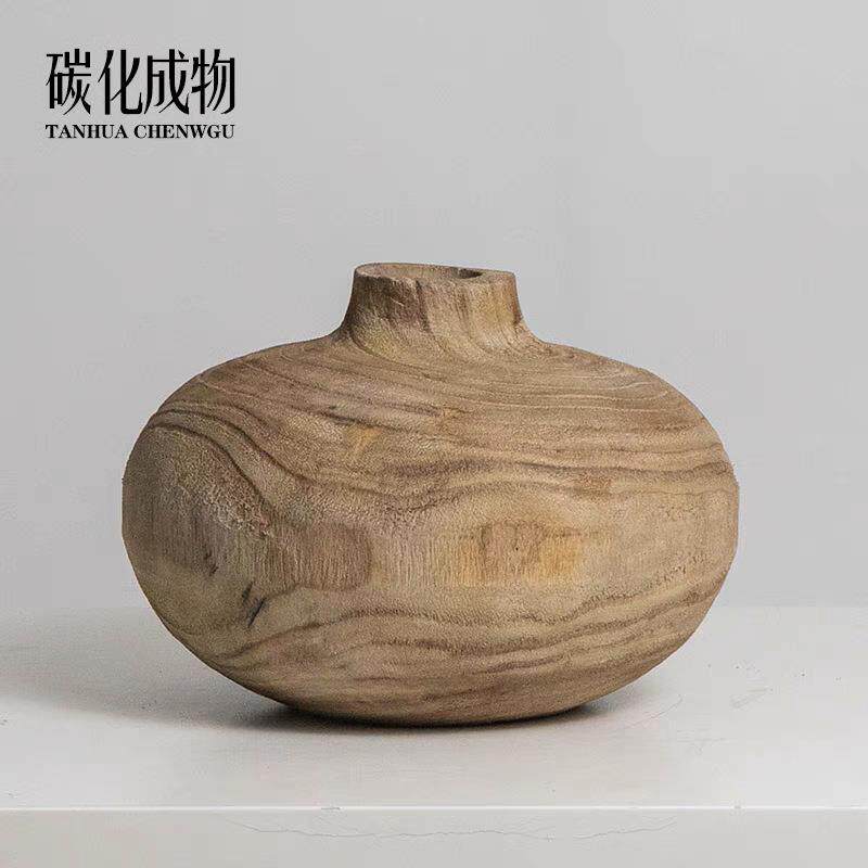 木制圆形泡桐木花插 手工做旧民宿客厅花瓶 木质侘寂风摆件