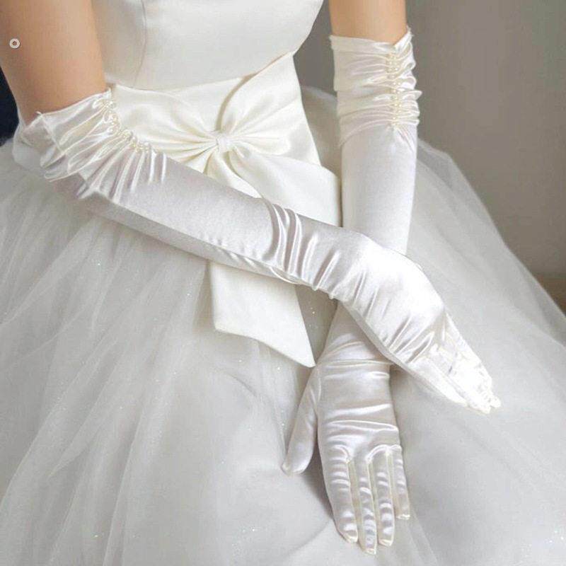 婚纱手套结婚过肘双排缝珠色丁绸缎防晒遮疤袖套新娘白手套高级感