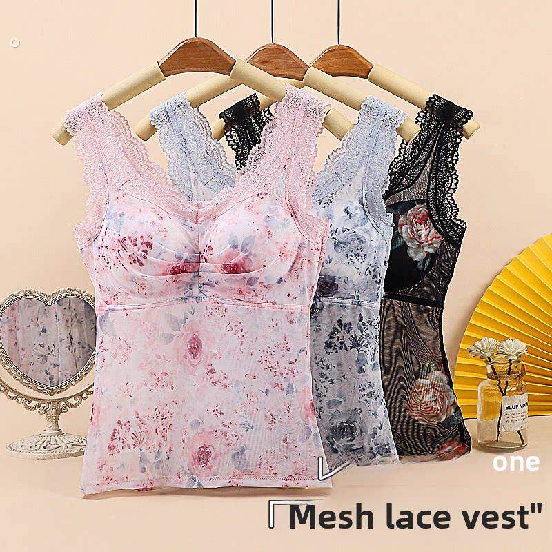 大码长款蕾丝吊带背心女新款春夏带胸垫无钢圈网纱收腹美背内衣薄