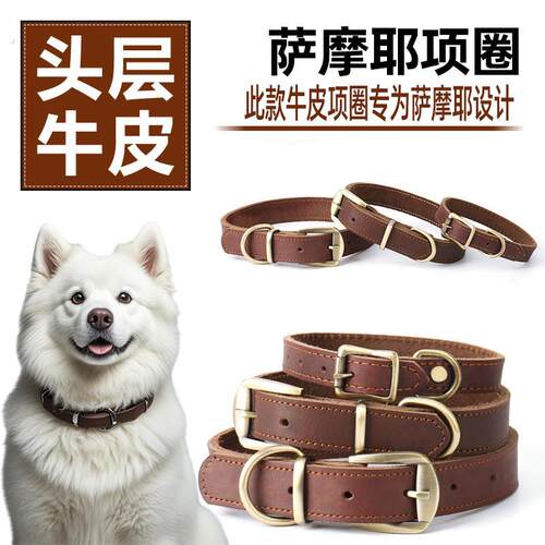 萨摩耶真皮狗项圈脖圈脖套颈圈牵引绳牛皮定制刻字狗牌小中大型犬