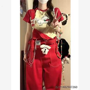 美式高街牛仔背带裤女夏季2024新款宽松复古高腰直筒小个子阔腿裤