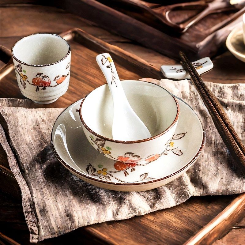 一人食一套碗具精致碗碟套装家用盘子碗勺套装陶瓷摆台餐具三件套