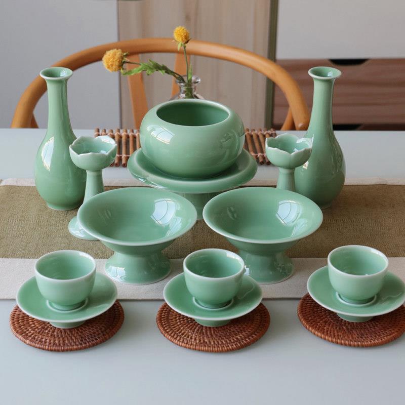 青瓷佛具用品供佛灯家用花瓶佛前供水杯果盘香薰炉佛前五供陶瓷