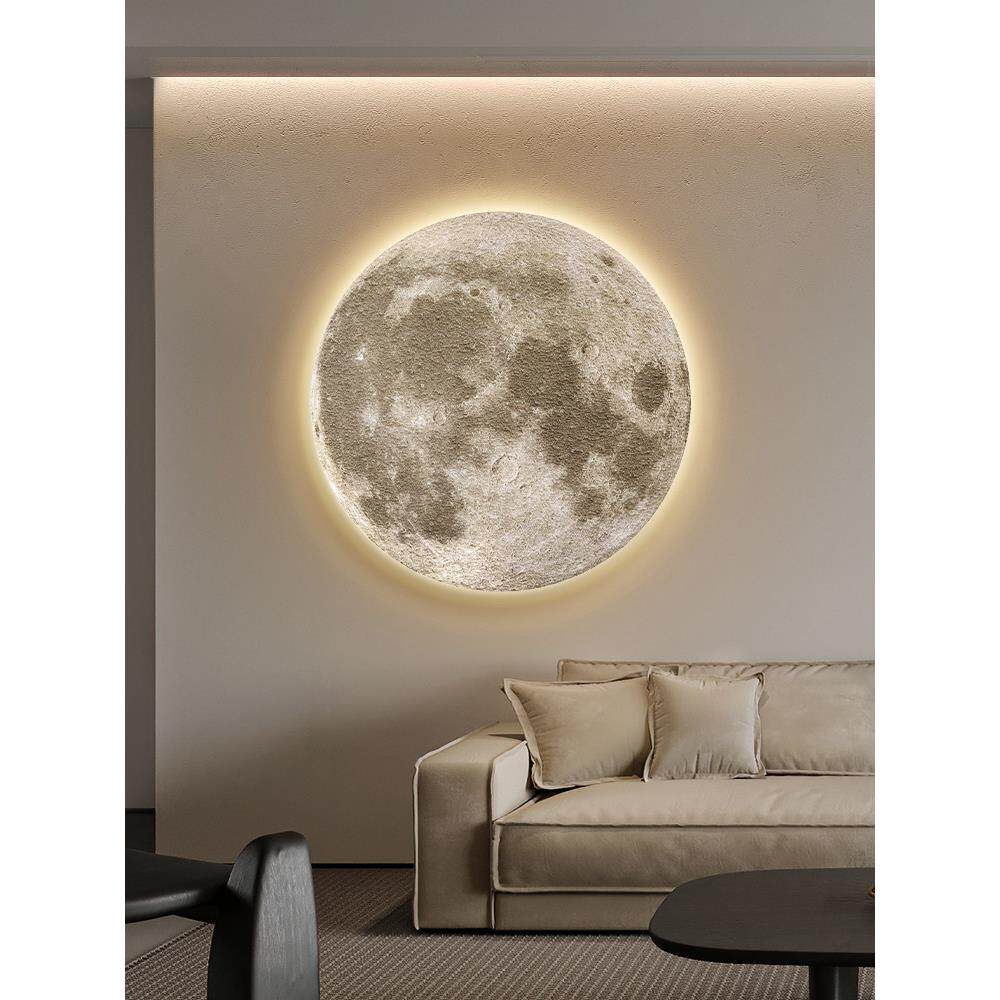 月亮客厅背景墙装饰画卧室床头壁画圆形夜光灯画纹理画入口挂画
