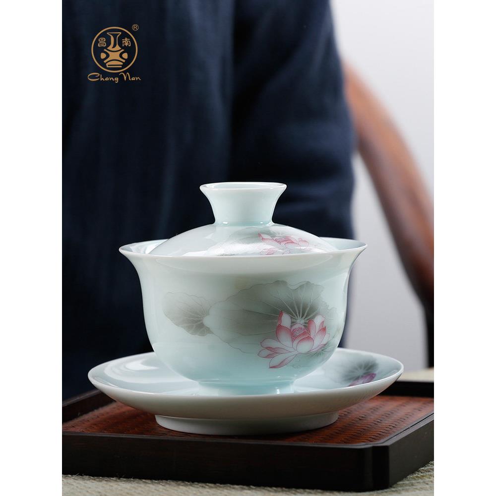 昌南影青瓷荷花泡茶盖碗景德镇陶瓷三才带盖茶碗中式高档盖碗单个