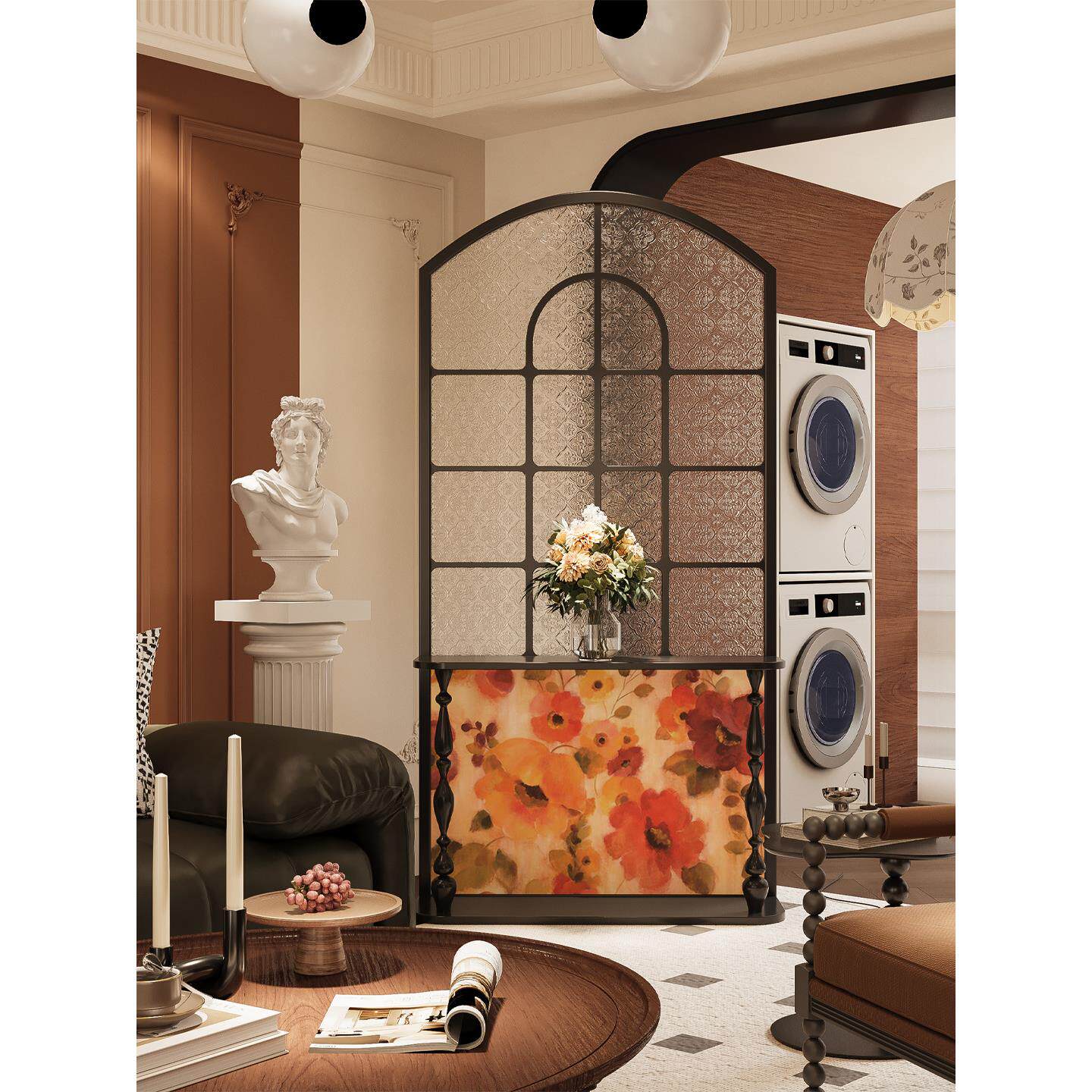 法式中古屏风隔断客厅实木入户正对门玻璃玄关柜美式家用遮挡座屏