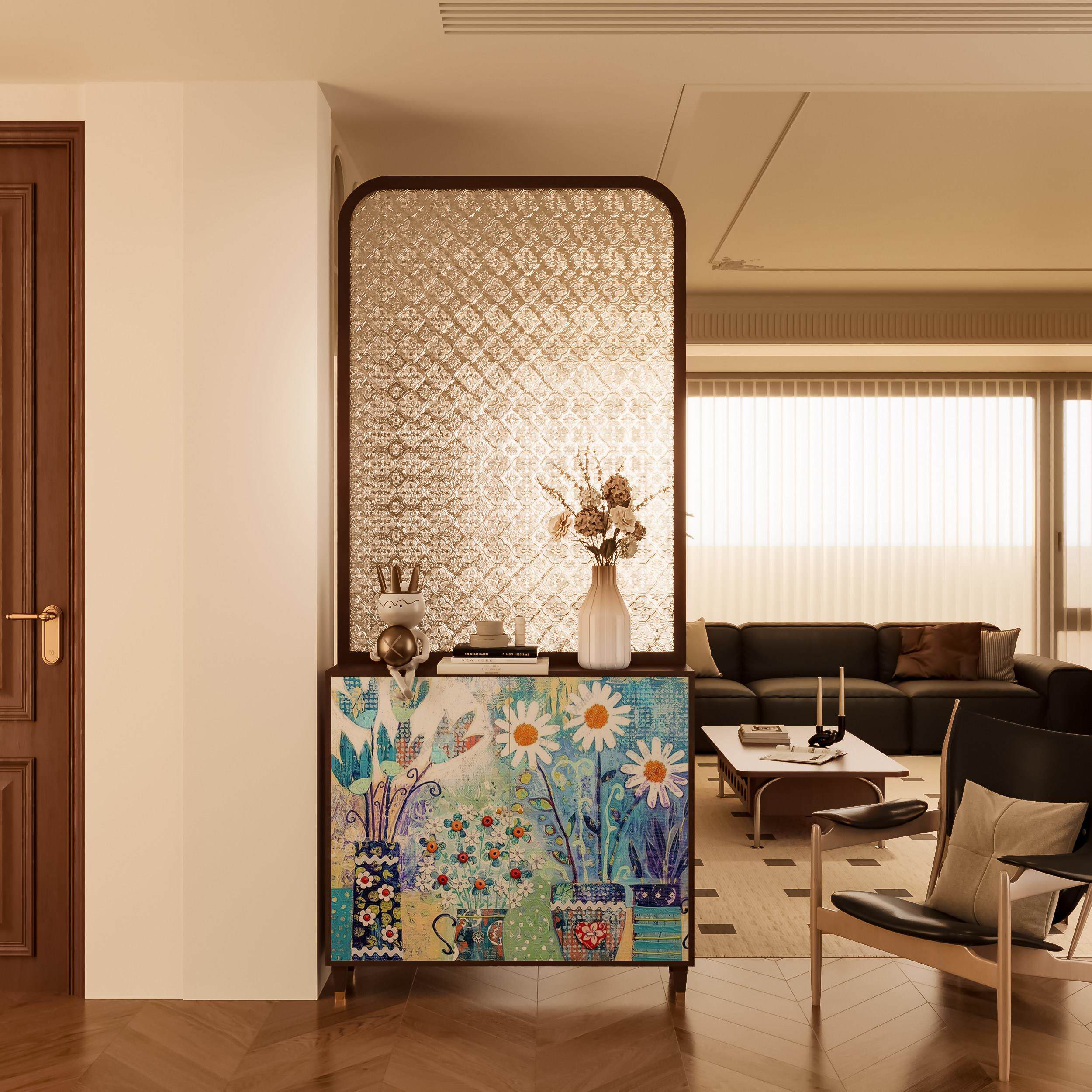 法式中古屏风隔断客厅实木入户正对门玻璃玄关柜美式家用遮挡座屏