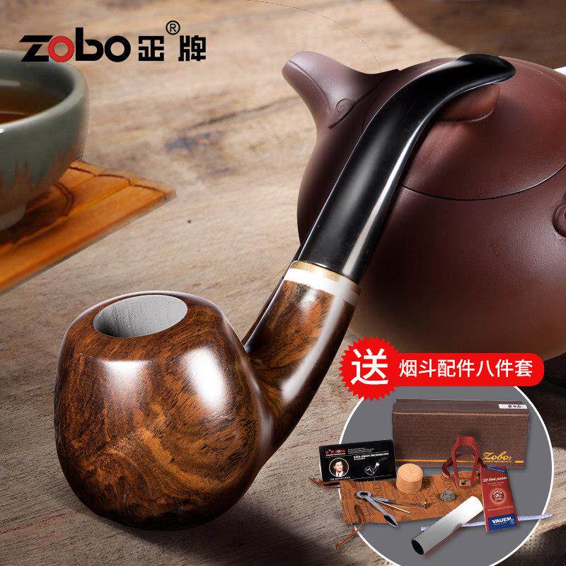 zobo正牌檀木烟斗男士实木手工老式复古雕刻可携式弯式手卷烟具套