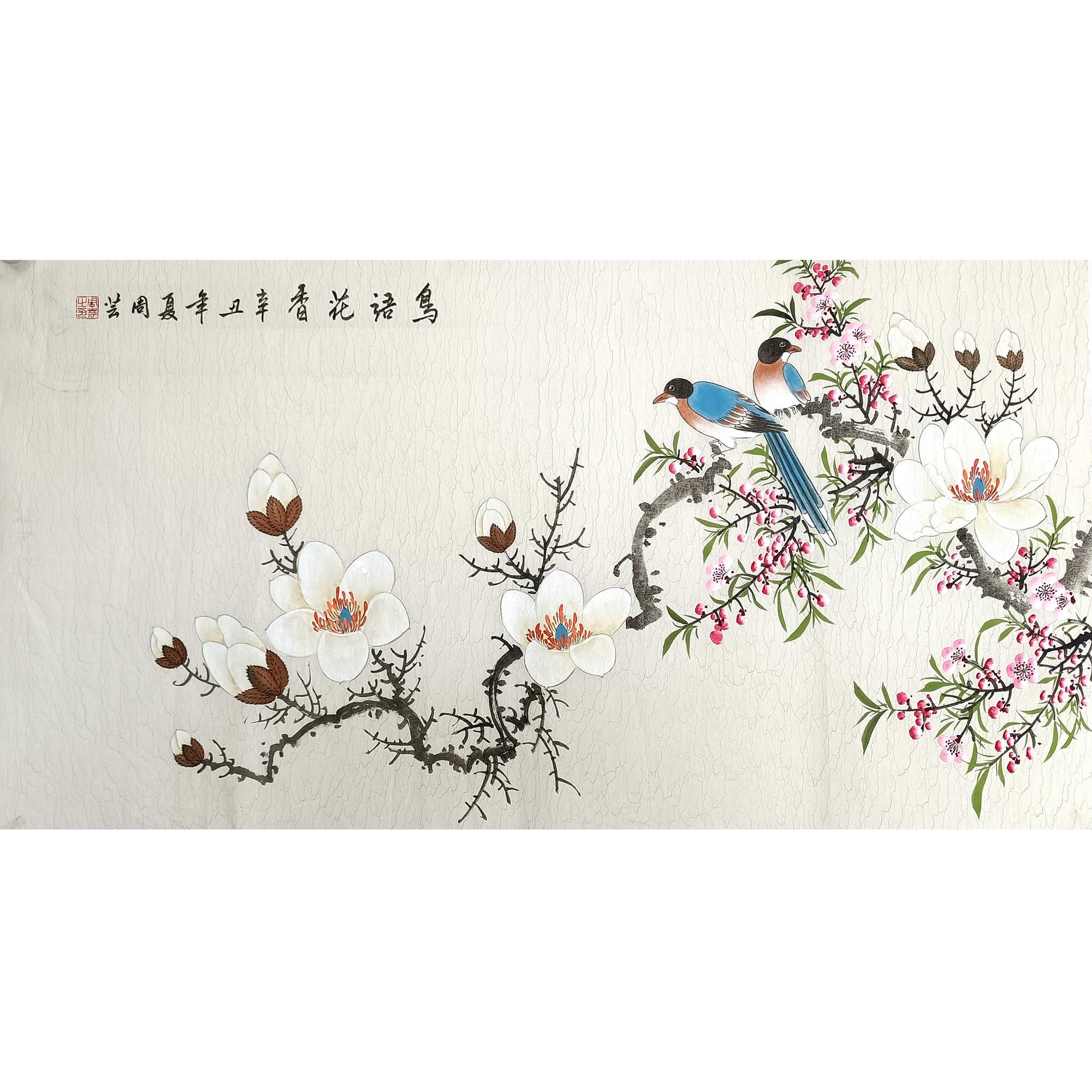 国画成品画芯小写意画花鸟画玉兰三尺横幅纯手绘真迹装饰画芯未裱