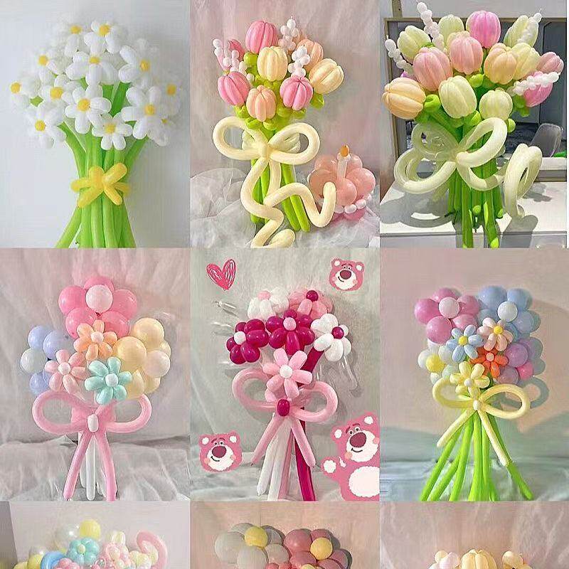 红粉黑色马卡龙加厚长条形魔术生日派对装饰多巴胺气球花束diy