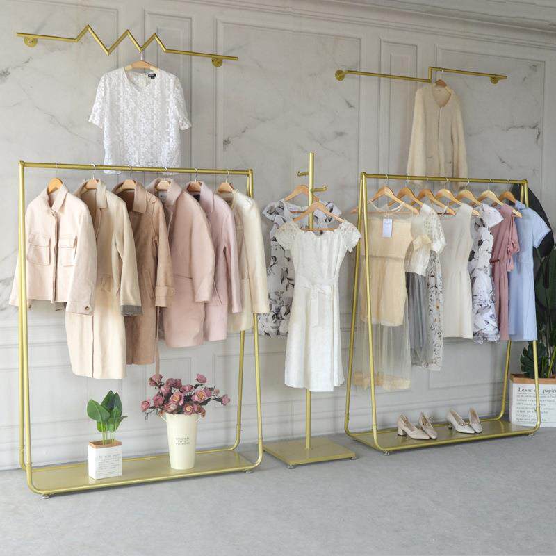 服装店展示架落地式女装带板衣服架子简约铁艺中岛金色陈列挂衣架