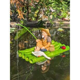 可漂浮竹筏竹排姜太公钓鱼翁摆件庭院古法水缸鱼缸造景悬浮喂食器