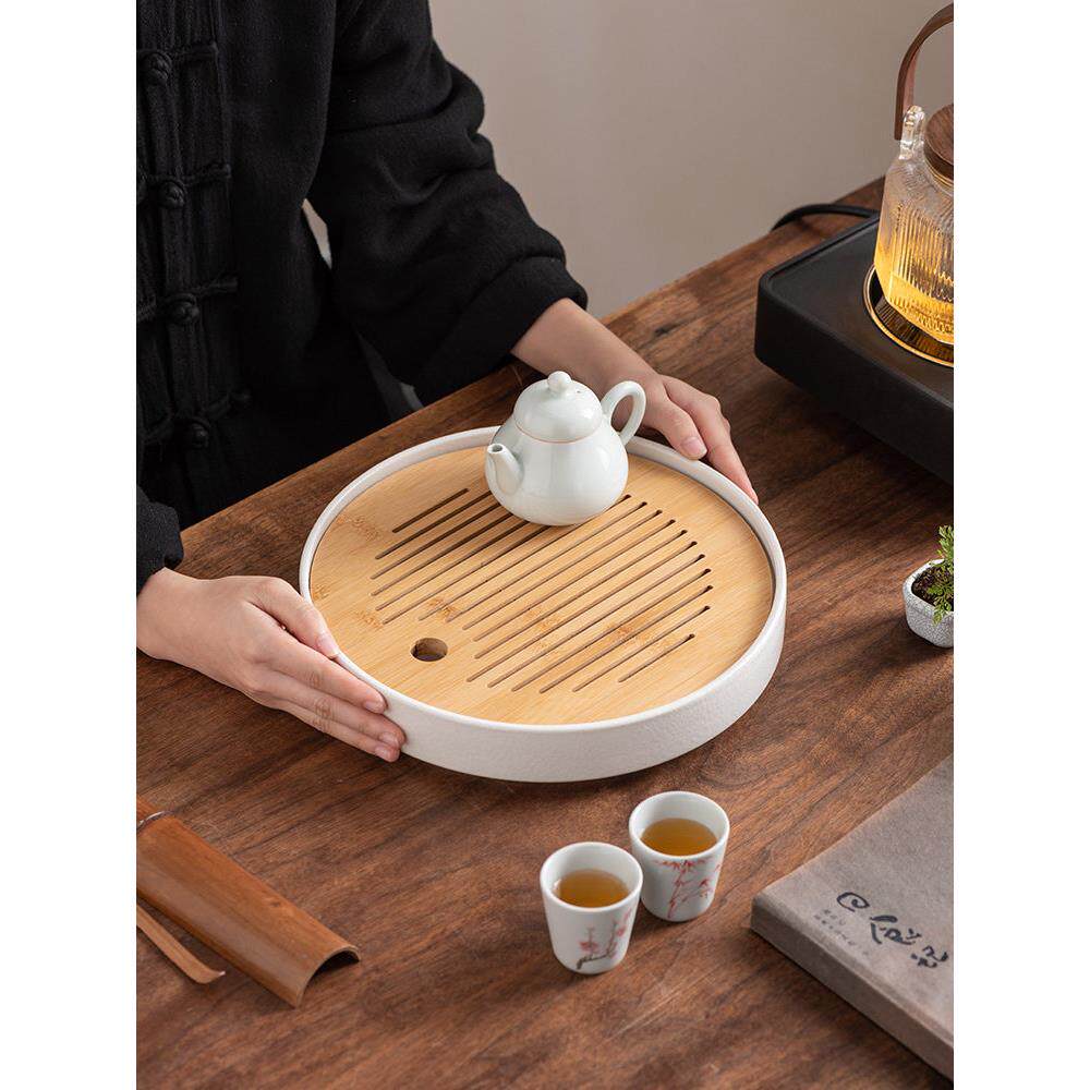 楠竹陶瓷干泡茶盘2023家用新款竹制小茶海简约圆形储水功夫茶台