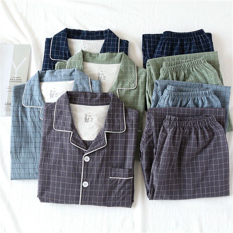 纯棉睡衣夏季男士薄款长袖长裤套装水洗棉全棉衬衫领前扣男家居服