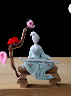 新中式陶瓷古典仕女摆件创意软装青瓷客厅办公室玄关装饰礼品摆件