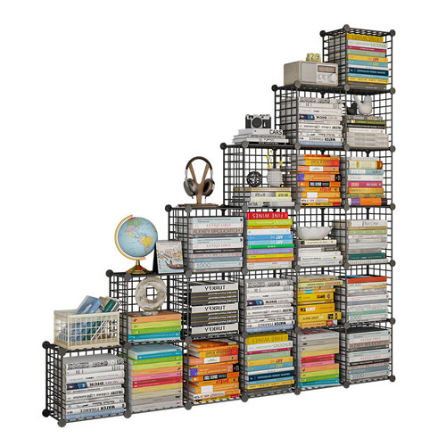 楼梯下储物柜书柜带门防尘自由组合格子铁艺置物收纳柜子简易书架