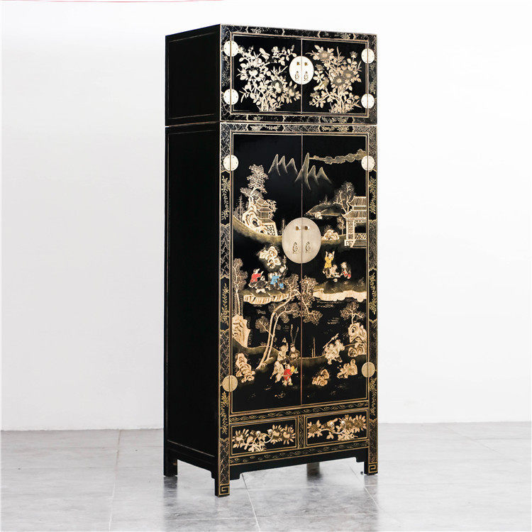 新中式仿古实木衣柜手绘百子图描金榆木衣橱卧室大容量储物柜定做
