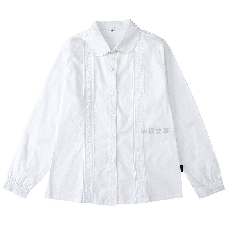 中小学生男女童纯白花边长袖衬衫学院风全纯棉白色衬衫校服园服