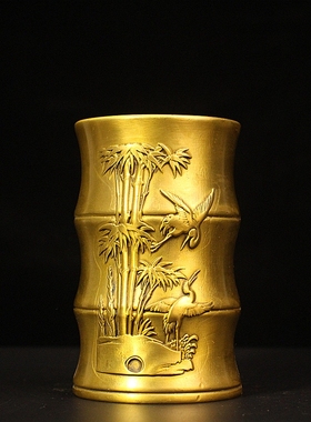 纯铜竹节笔筒摆件双鹤竹节香筒节节高升笔筒工具收纳文房桌面装饰