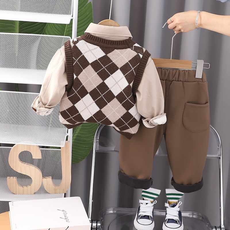 男童装秋冬季加绒加厚三件套婴儿童学院风毛衣宝宝冬装套装1-3岁5