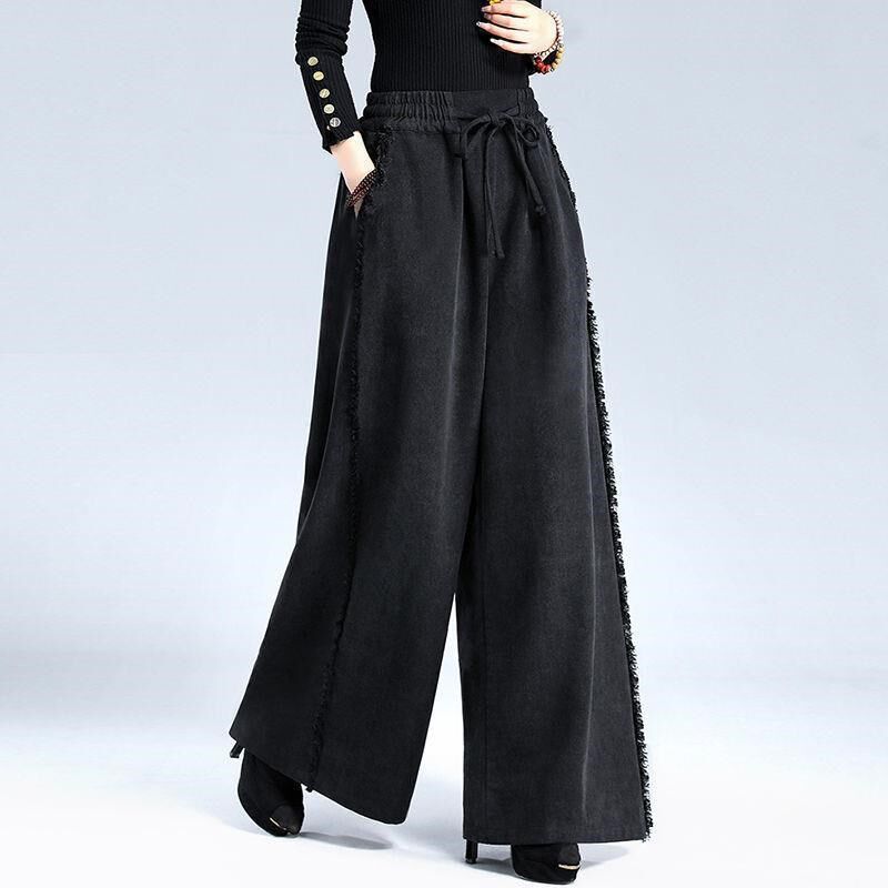 新款黑色松紧高腰牛仔阔腿裤女宽松大码垂感拖地直筒裤时尚休闲裤