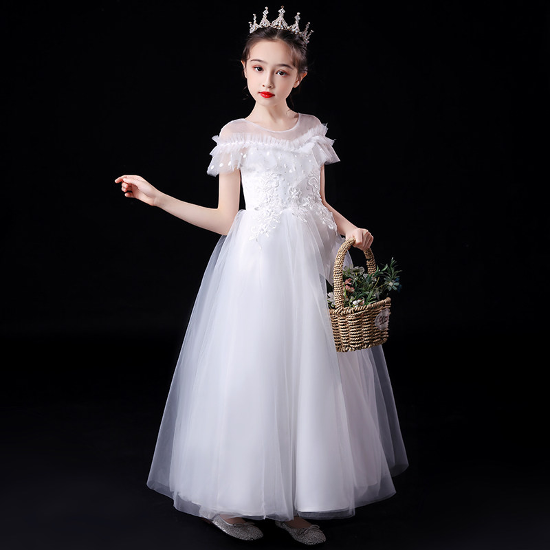 儿童演出礼服连衣裙女童白色蓬蓬公主裙花童长款婚纱裙大童长裙子