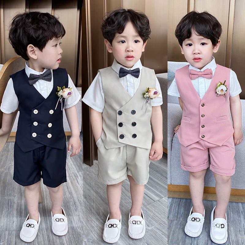 儿童西装套装男童夏季周岁礼服男孩宝宝生日小西装马甲花童演出服