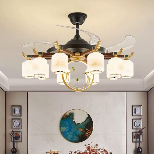 新中式餐厅吊扇灯2024新款大风力隐形风扇灯客厅灯一体吊灯中国风