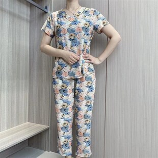 妈妈装 新款 宽松大码 短袖 两件套 碎花套装 v领上衣九分休闲裤 女夏季