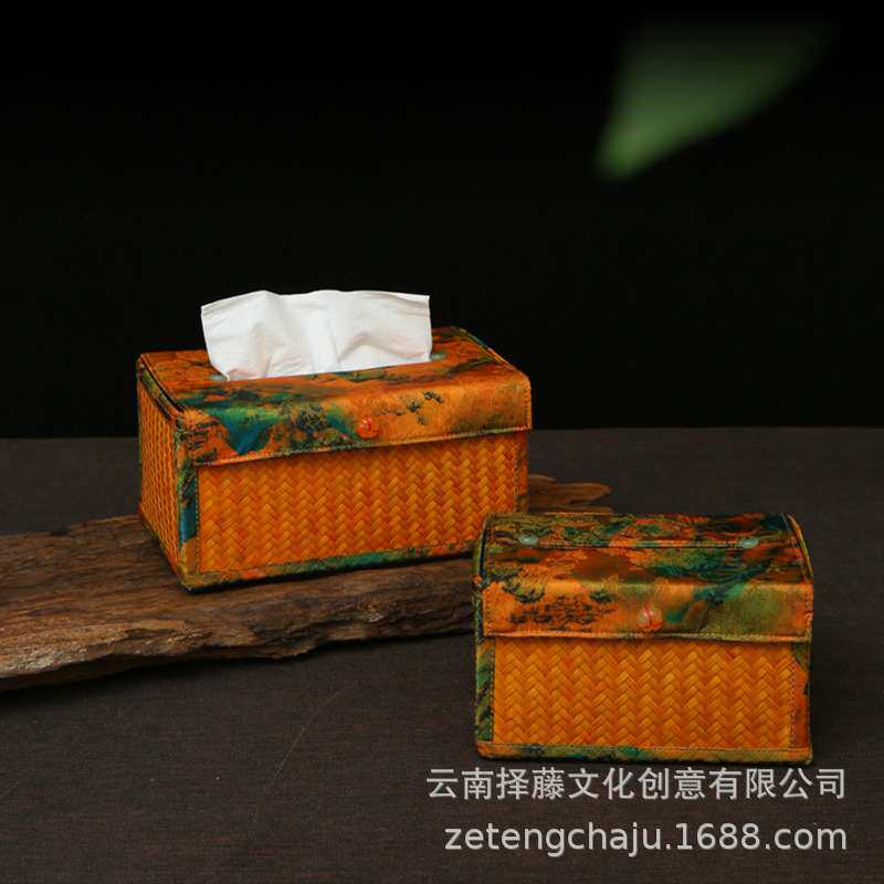 手工竹编纸巾盒缎面印花布艺抽纸盒中式茶艺茶桌摆件桌面收纳盒