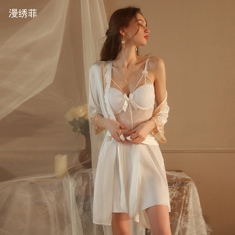 漫绣菲性感吊带睡裙大胸围钢托聚拢带胸垫蕾丝露背女士家居服套装