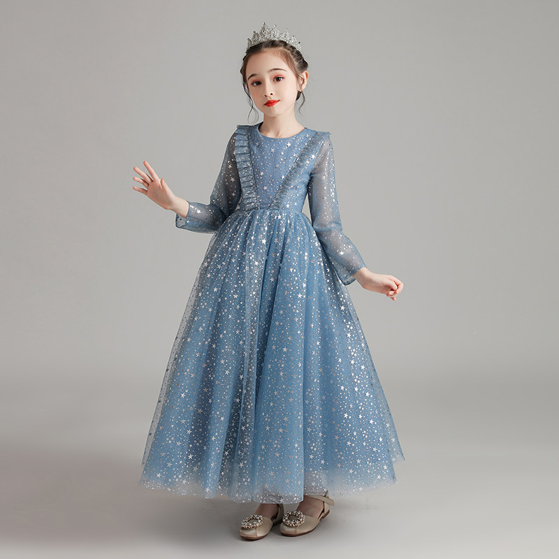 儿童礼服公主裙女童长袖蓝色走秀小花童婚纱主持人钢琴演出服演奏