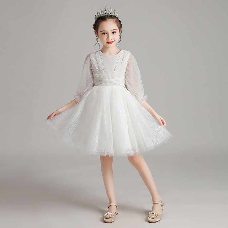 儿童礼服公主裙女童生日白色小女孩花童婚纱婚礼主持人钢琴演出服