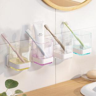 热销卫生间漱口杯架免打孔无痕贴胶粘牙刷塑料口杯收纳置物架