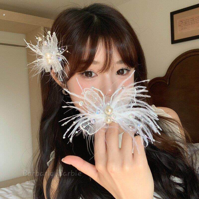超仙温柔羽毛蕾丝蝴蝶发夹珍珠氛围感发卡灵动飘逸新娘侧边夹头饰