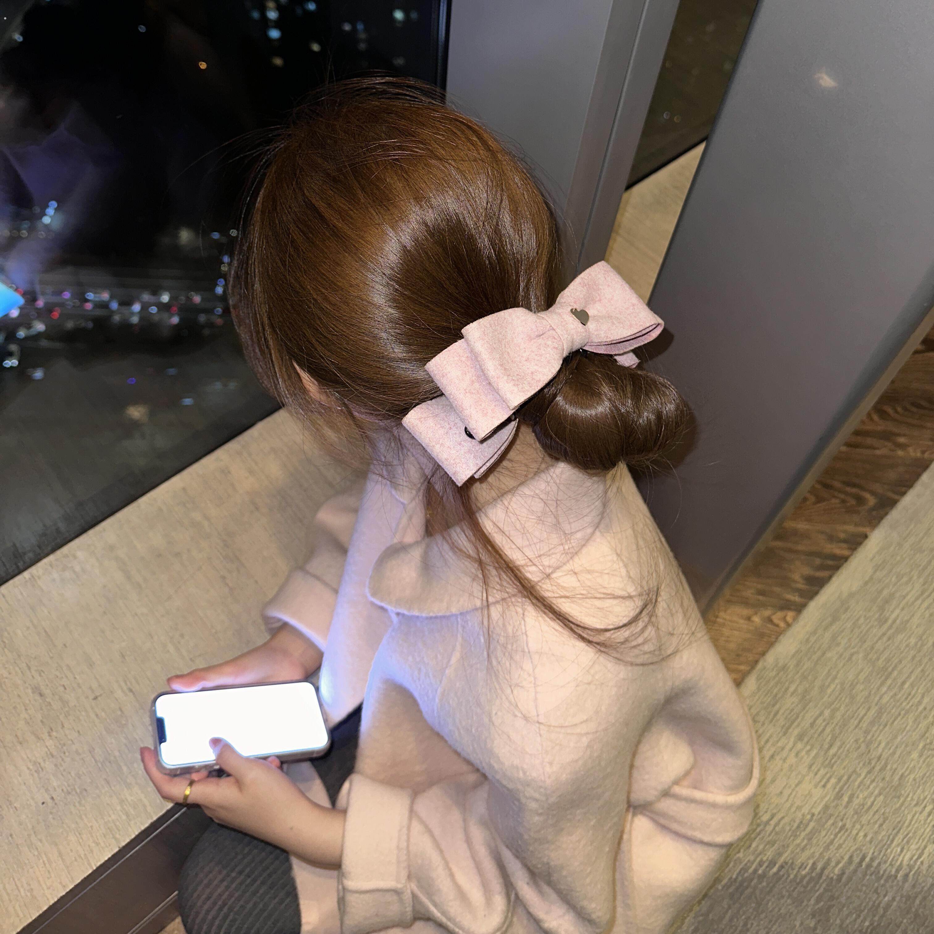 法式粉色双面呢子蝴蝶结香蕉夹韩系少女高马尾马尾夹显发量半扎横
