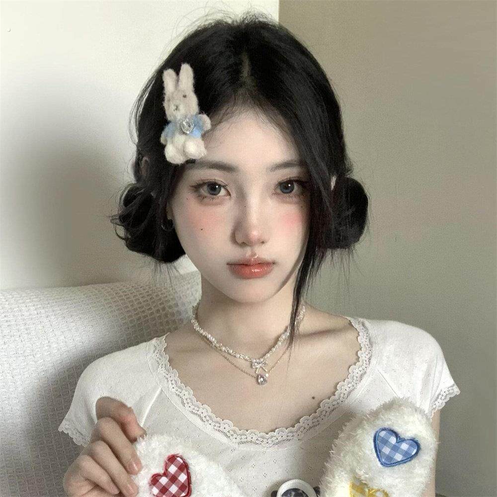 可爱的毛绒兔子发夹甜美的小生境设计女孩侧刘海夹发带发配件