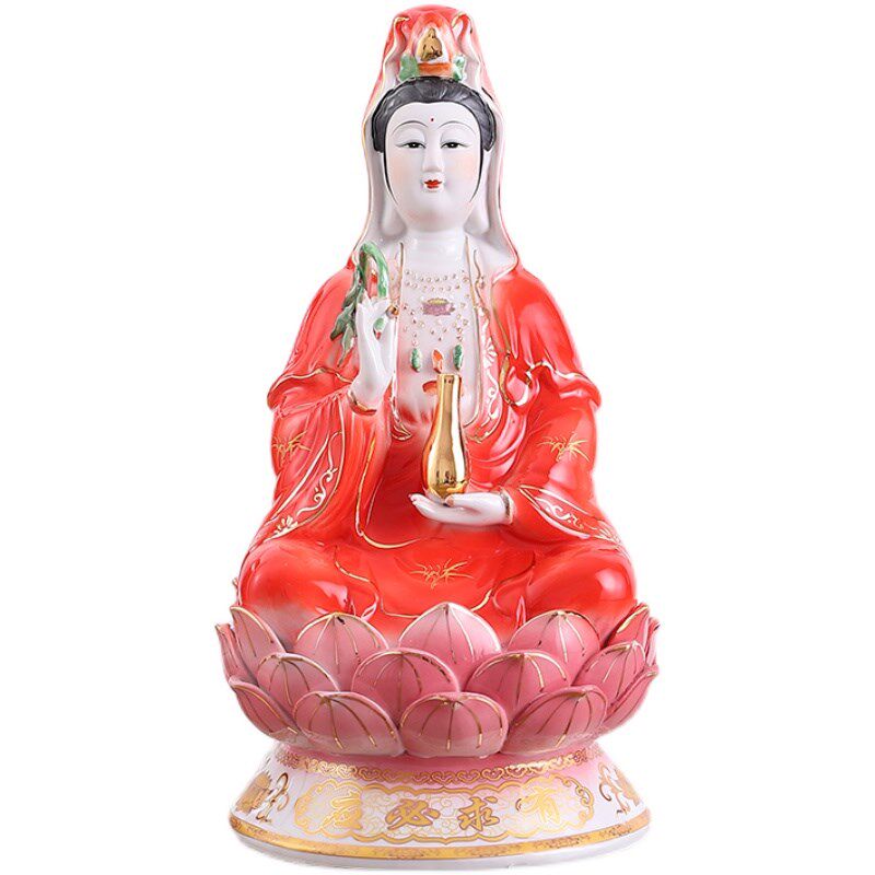 陶瓷红衣观音菩萨观音像佛像摆件家用南海观世音菩萨中式居家坐莲