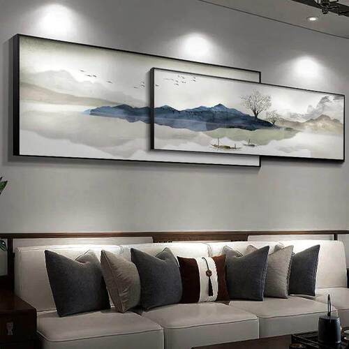 现代轻奢客厅装饰画背有靠山叠加山水墙壁画高级感沙发背景墙挂画