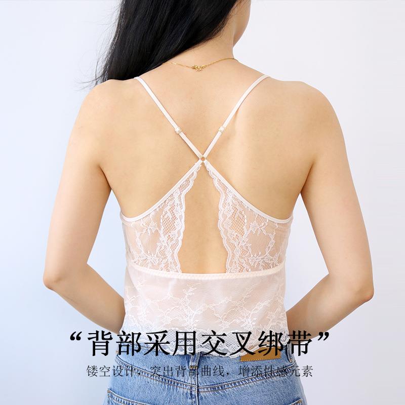 真丝交叉绑带蕾丝镂空美背背心桑蚕丝素绉缎乳胶杯垫吊带文胸内衣