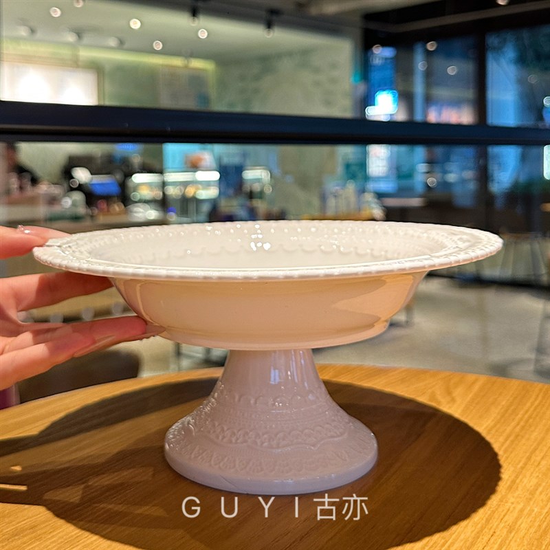 外贸餐具【高级高脚果盘】法式浮雕托盘陶瓷果盘果篮摆件拍照中古